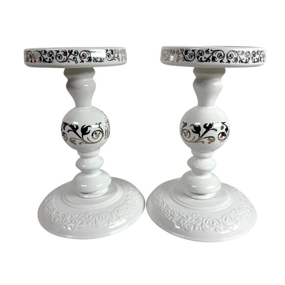 Disney Parks 8” Castle Mickey Icon Ears White/Silver Pillar Candle Holders Set 2 - Picture 3 of 6